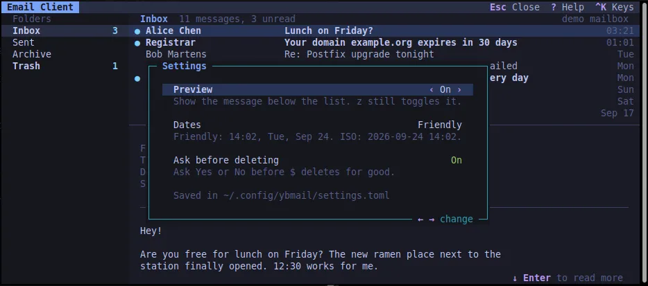 Email Client with Settings menu open